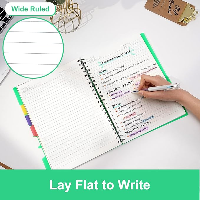 CAGIE Spiral Notebook 8.5 x 11 with Dividers 5 Subject Notebook with Tabs Wide Ruled A4 Spiral Bound Journal for Note Taking Work School Supplies, 220 Pages, Green