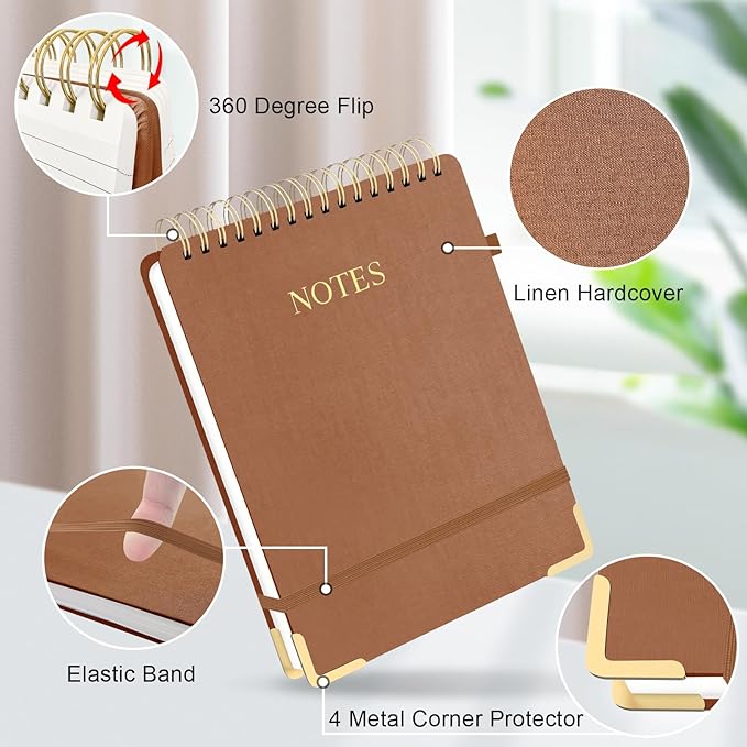 Aesthetic Top Spiral Notebook, A4 Large Linen Hardcover Top Bound Steno Pads, 240 Pages 100gsm Thick Lined Paper Left Handed Notebook Journal for Work, School, Church Writing - Brown, 8.5" x 11"