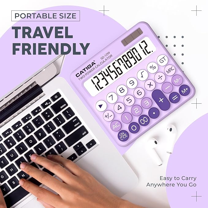 CATIGA Mechanical Switch Calculator with Solar and Battery Dual Power, 12-Digit Large LCD Display, Aesthetic and Cute Desktop Calculator with Big Button, for Home, School and Office Use, SD-1299