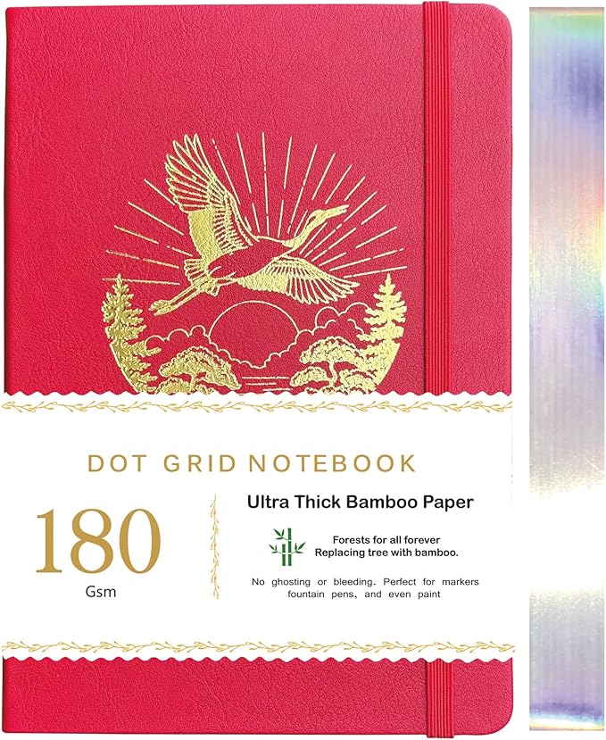BUKE Dotted Notebook Journal 180GSM Bamboo Thick White Paper 160 Pages 5 * 5MM Dot Grid, Lay Flat Binding,Colored Silver Edges, Bookmarks and Expandable Back Pocket (BKP-6)