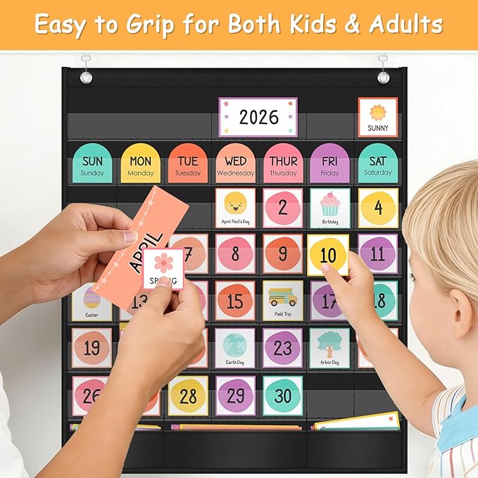 Classroom Calendar Pocket Chart with 96 Laminated Cards, 46 Clear Pockets & 3 Storage Pockets, Ideal for Preschool Homeschool Learning