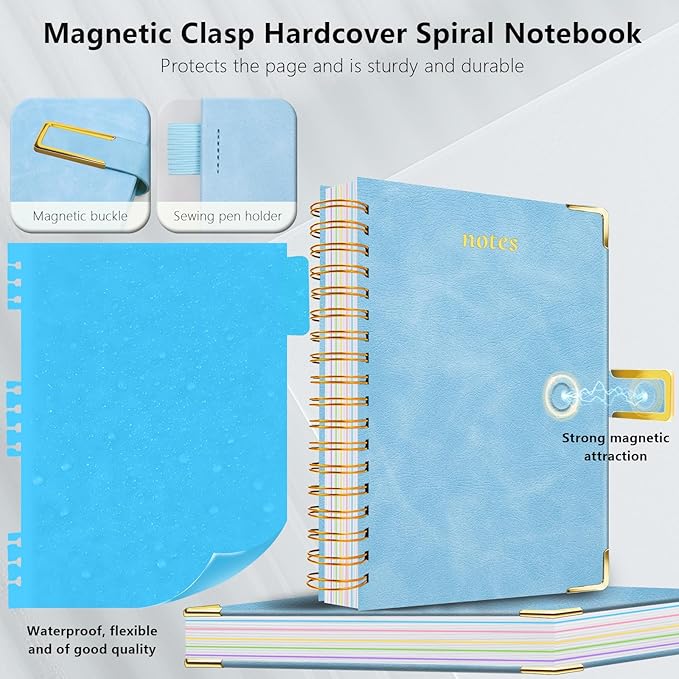 Hardcover Spiral Notebook College Ruled, 6.2"x 8.2" Leather Journal Notebook with Magnetic Closure, 300 Pages 5 Subject Notebook with Dividers Tabs Journal for Women Men, Work, School(Light Blue)