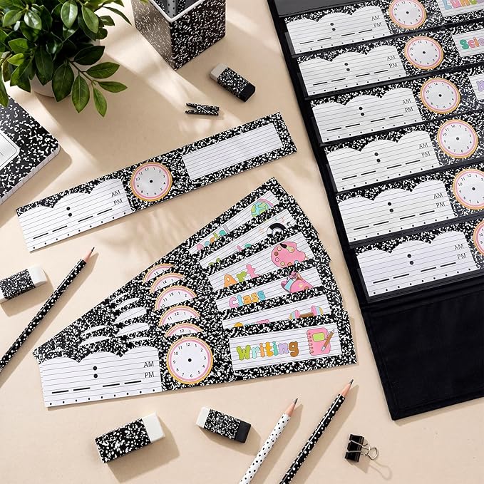 Chiisong Daily Schedule Pocket Chart, Boho 14+1 Pocket, with 40 Pcs Reusable Dry Eraser Cards Calendar for Classroom Toddler Schedule Chart Office Home Activity(Black and White Stylish)