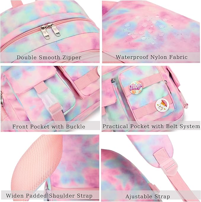 Hidds Laptop Backpacks 15.6 Inch College Backpack Elementary Middle High School Book Bag Kids Cute Bookbags Anti Theft Travel Back Pack Casual Daypack for Teens Girls Women Students (Tie-Dye Pink)