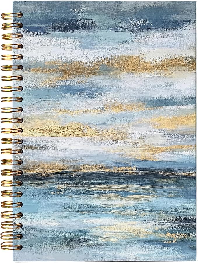 Abstract Blue White and Gold Hardcover Spiral Notebook, Boho Abstract Coastal Ocean Journal, Mid Century Modern Journal, Minimalist Contemporary Blue Ocean Notebook 5.5x8.3 Inch