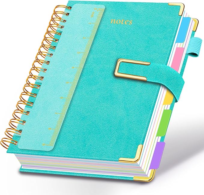 Hardcover Spiral Notebook College Ruled, 8"x10" Leather Journal Notebook with Magnetic Closure, 300 Pages 5 Subject Notebook with Dividers Tabs Journal for Women Men, Work, School(Blue)
