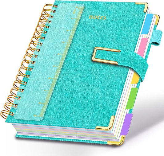 Hardcover Spiral Notebook College Ruled, 8"x10" Leather Journal Notebook with Magnetic Closure, 300 Pages 5 Subject Notebook with Dividers Tabs Journal for Women Men, Work, School(Blue)