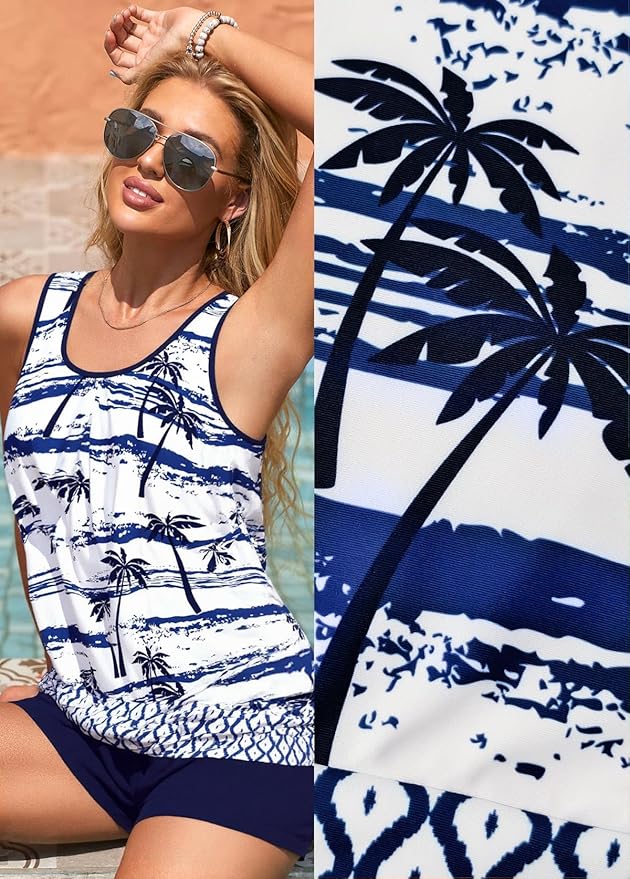 Modlily Modest Two Piece Tankini Swimsuits, Tropical Plants Print Bathing Suits, Casual Tank Top with Board Shorts
