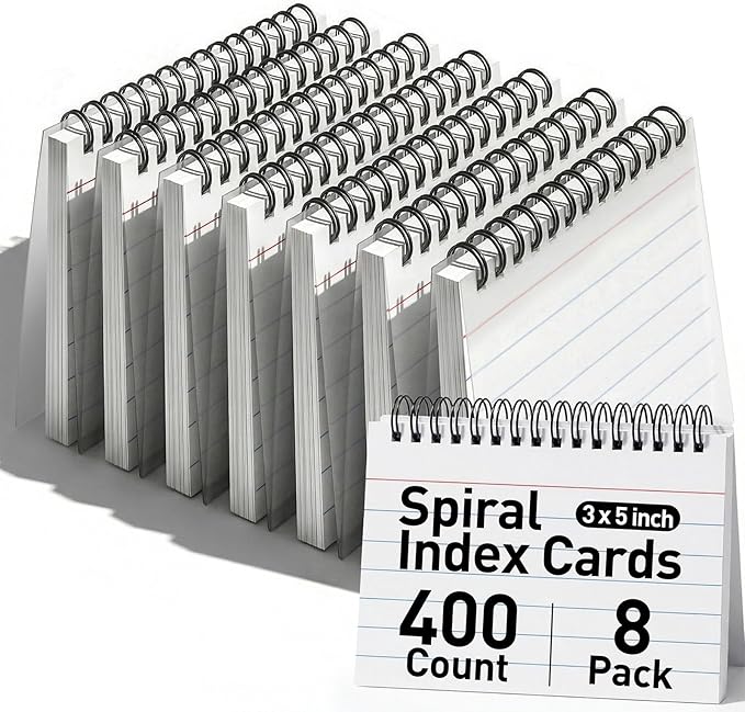 Koogel Spiral Index Cards 3x5 Ruled, 400 Count (5 Packs of 80) White Spiral Bound FlashCards with Waterproof Cover, Tear-Off Note Cards with Ring for Studying, School, Office & Memory