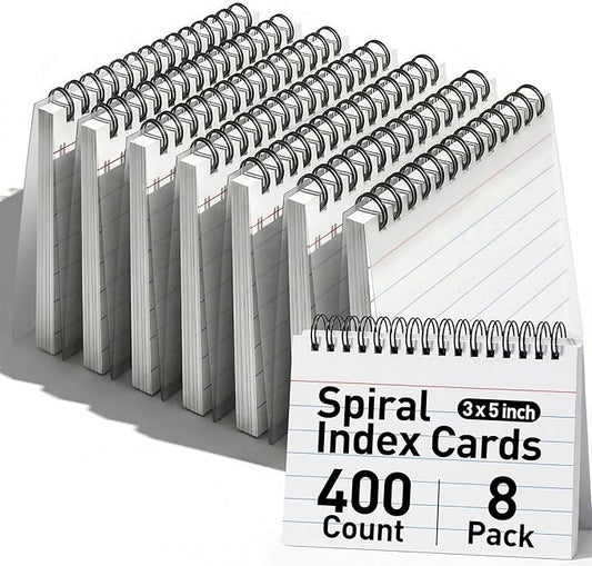 Koogel Spiral Index Cards 3x5 Ruled, 400 Count (5 Packs of 80) White Spiral Bound FlashCards with Waterproof Cover, Tear-Off Note Cards with Ring for Studying, School, Office & Memory