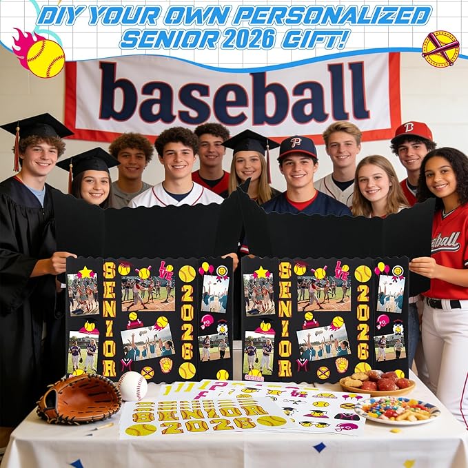 Resurhang 4 Set 24''x16'' Softball Senior Night Gifts Senior 2026 Trifold Poster Board Photo Display Board with 12 Sheet Sports Themed Stickers for Graduation Picture Frame Sport Theme Party Supplies