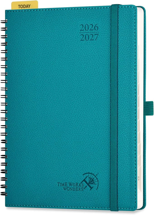 POPRUN 2026-2027 Academic Weekly Planner, 6.75" x 8.75" Horizontal Daily Book Calendar, July 2026 to June 2027, Softcover Appionment Book with Monthly Tabs, Spiral Bound, Inner-Pocket - Pacific Green