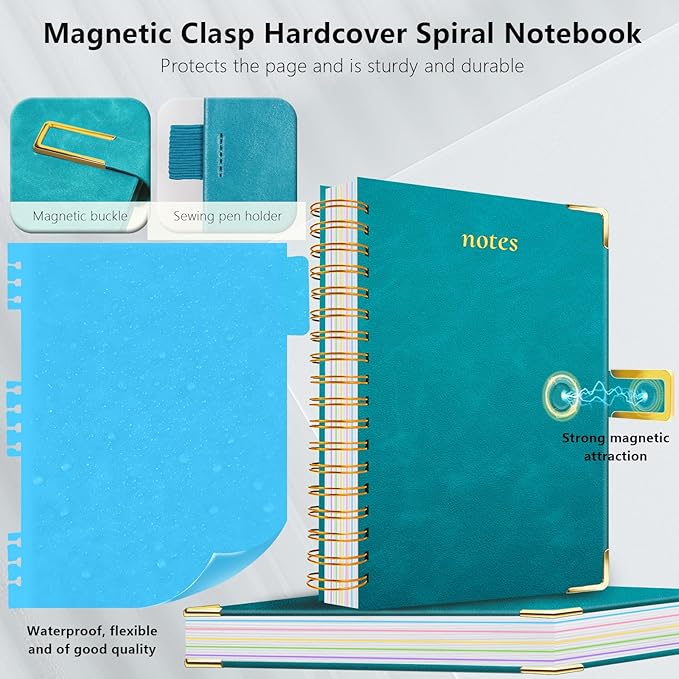 Hardcover Spiral Notebook College Ruled, 8.5"x11" Leather Journal Notebook with Magnetic Closure, 300 Pages 5 Subject Notebook with Dividers Tabs Journal for Women Men, Work, School(Deep Blue)