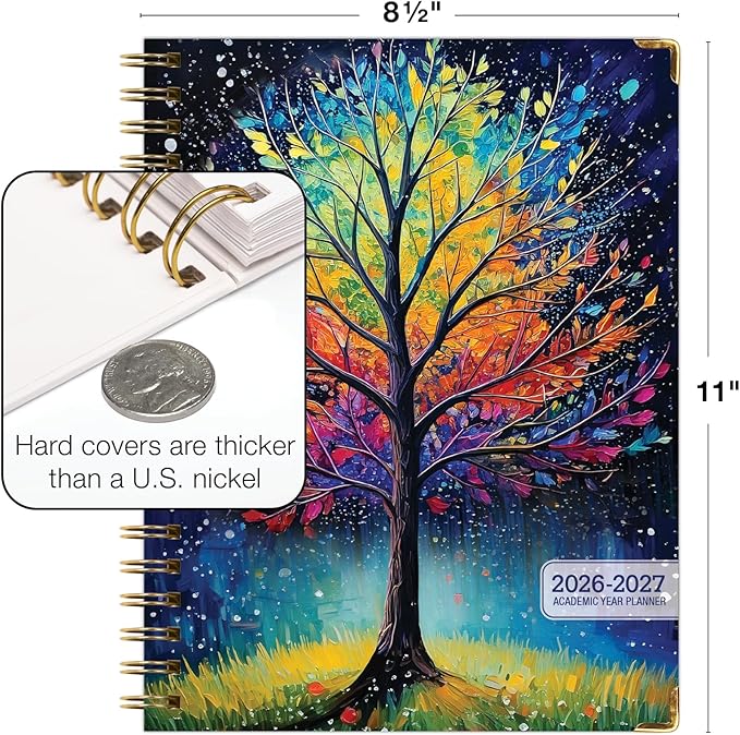 HARDCOVER Academic Year 2026-2027 Planner: 14 Months (May 2026 Through June 2027) 8.5"x 11" Daily Weekly Monthly Planner Yearly Agenda. Bookmark, Pocket Folder and Sticky Note Set (Black Tree Seasons)