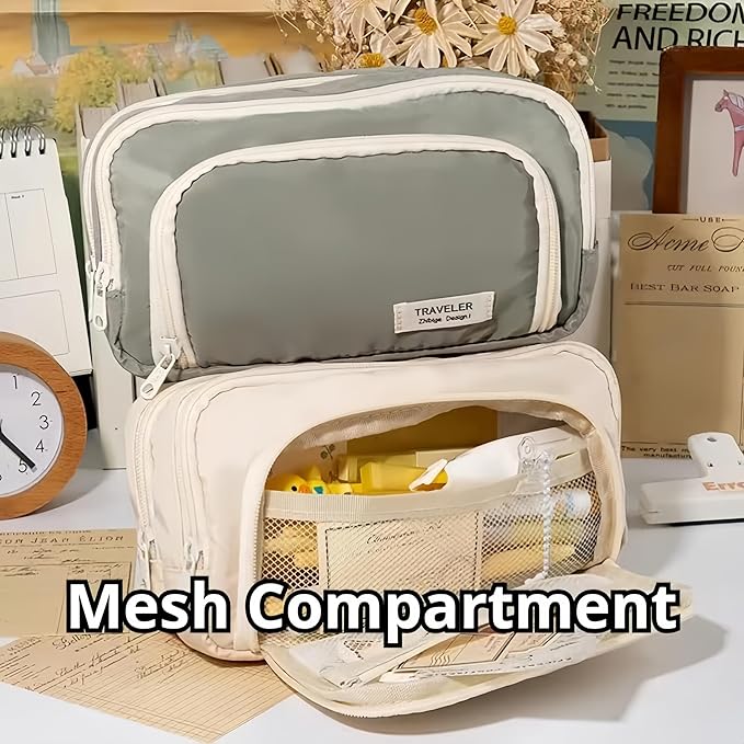 Big Capacity Pencil Case 3 Compartments Large Pencil Pouch Pen Bag Pencil Box Holder Organizer Simple Storage Aesthetic Stationery Cosmetic for Adults Men Women Office Essentials (White)
