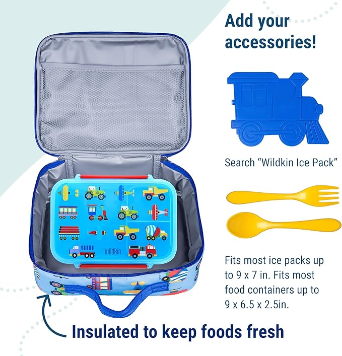 Wildkin Kids Insulated Lunch Box, Keeps Food Hot or Cold, BPA-Free with Mesh Pockets & Easy-Clean Lining – Ideal for School, Travel & Daycare – Trains, Planes, and Trucks