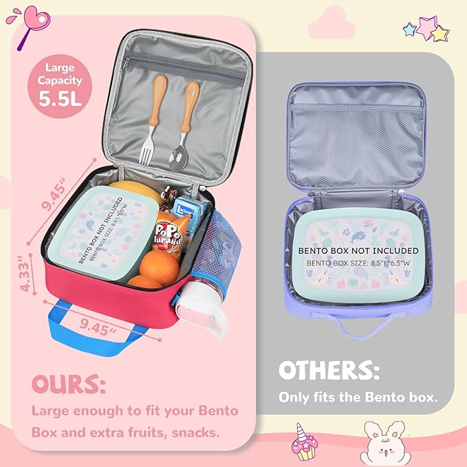 REDSHELL Tactical Lunch Box Kids, Large Insulated Lunch Bag for Girls, Cooler Lunchbag, Square Toddler Lunchbox, School Daycare Lunch Tote Pail with Water Bottle Holder Shoulder Strap, Pink Blue