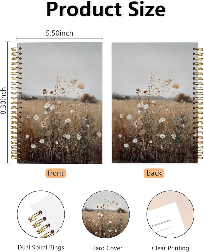Vintage Wild Flower Spiral Notebook, Retro Cottagecore Wildness Botanical Floral Journal for Women, Farmhouse Rustic Country Landscape Botanical Notebook 5.5x8.3 Inch-368
