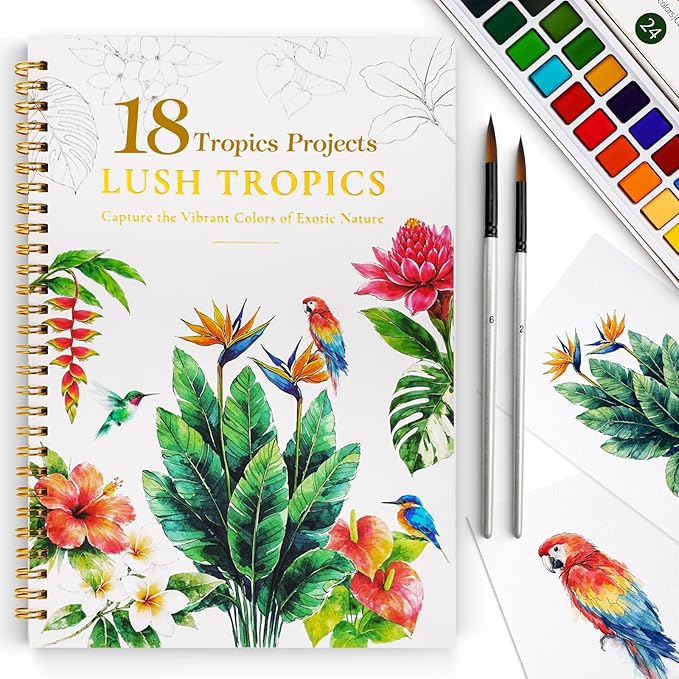 Watercolor Workbook for Beginners,18 Lush Tropics Exotic Rainforest Water Coloring Book,Relaxing & Easy to Paint Water Coloring Book with 24 Colors-Perfect for Gifting to Creativity & Joy for Adults
