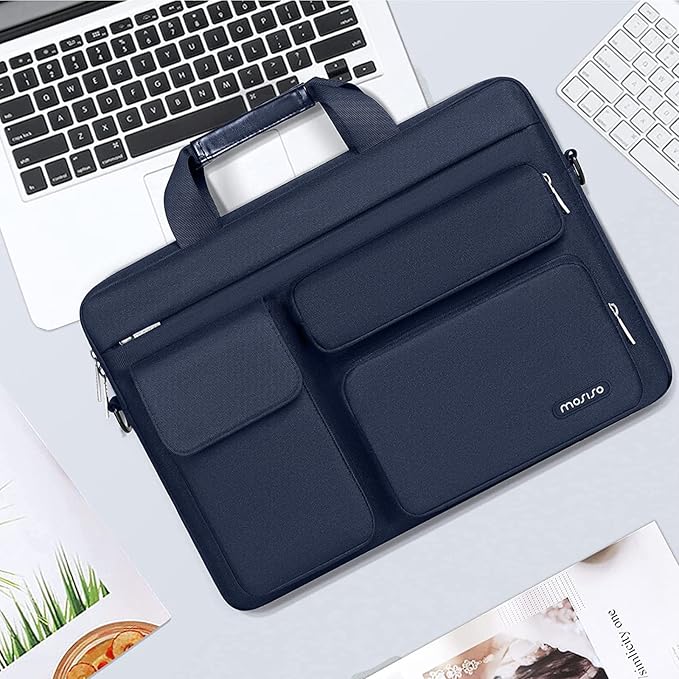 MOSISO Laptop Shoulder Bag 14 inch, 14 inch Computer Bag Compatible with HP Lenovo Dell ASUS Acer, HP Stream, Dell Latitude with 2 Raised&1 Flapover&1 Horizontal Pocket&Handle&Belt, Navy Blue