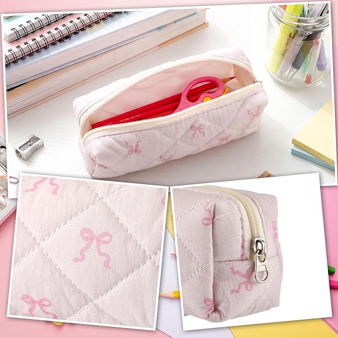 Sherr Coquette Bow Pencil Case Pink Bow Cute Pencil Pouch Soft Cotton Storage Bag Aesthetic Pattern Gift Makeup Pouch Cosmetic Travel Bag for Women