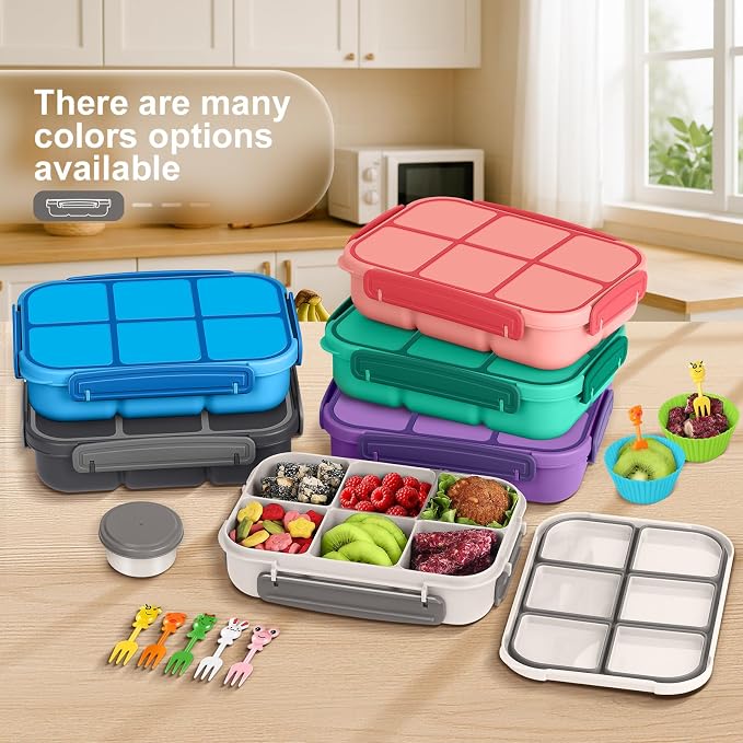 Amathley Lunch Box Kids Girls Boys,Bento Box Adult,Toddler Lunch Containers for School,Leakproof Snack Containers with 6 Compartments,Sauce Container,10 Food Picks and 4 Muffin Cups (White)