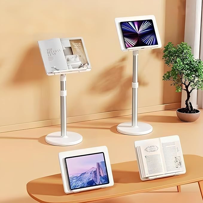 Adjustable Standing Book Stand,Book Reading Stands,Wood Music Sheet，Podium& Bible& Cookbooks Display Stands.Goodbye to Head Down Fatigue Adjustable Viewing Angle (White, 63in)