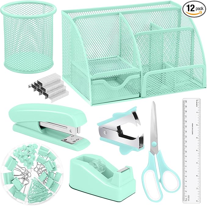 auroray Green Desk Organizers and Accessories, Teal Office Supplies Set Green Mesh Desk Organizer, Stapler, Tape Dispenser, 1000 Staples, Staple Remover, Pen Holder, Clips Set, Ruler, Scissors
