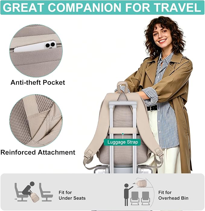 Travel Laptop Backpack for Women - 17.3 Inch College Backpacks Quilted Computer Bookbag Lightweight Casual Daypack Water-Resistant Backpacks for Students Teacher Work Camel