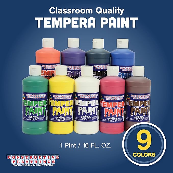 Constructive Playthings Kids 9-Color Tempera Paint Pint Set, Set of 9 Bright Washable Paint Pints for Classrooms and DIY Crafts, Multicolor