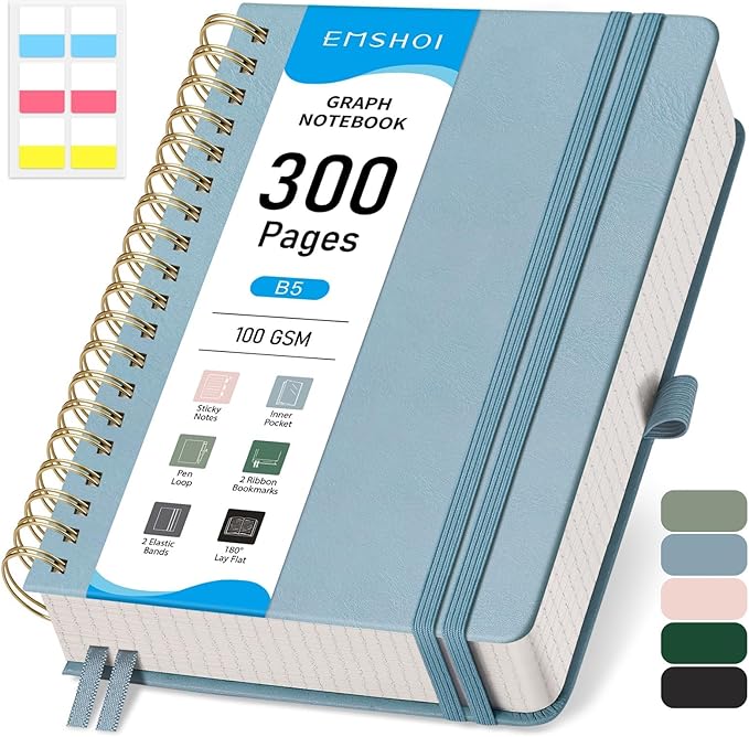 EMSHOI Spiral Graph Notebook, 300 Pages, B5 Large 7.48"x10.15", 100 GSM Thick Paper, PU Leather Hardcover, 5mm Grid Journal for Work School Math Engineering Writing Graphing, Gray Blue