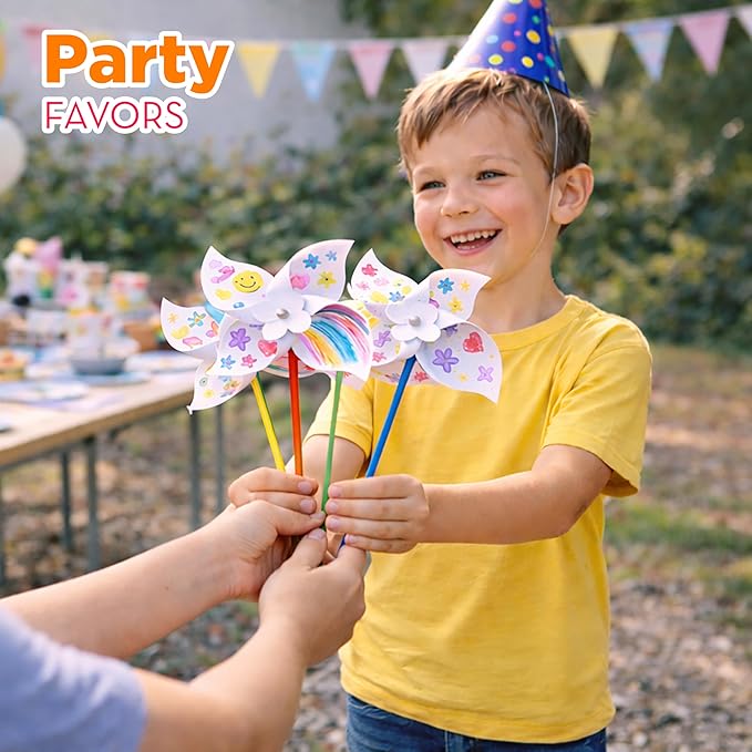 4E's Novelty 24 Pack DIY Pinwheels Craft for Kids, Bulk Summer Pinwheel Craft Kit, Color Your Own Paper Windmill for Pinwheels for Kids Bulk July 4 Craft for Kids Art Games