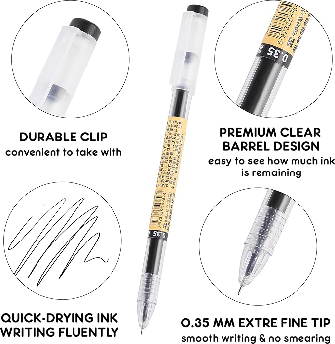 Japanese Style Black Gel Ink Pens, 0.35mm Extra Fine Point, No Smudge Quick Drying, Japanese Ink Pen for Journal Planners, Thin Notebook Paper, Office School Supplies, 12 Pack, Writing Drawing