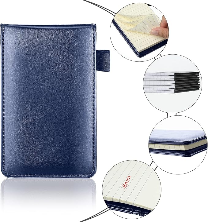 Outus 10 Pcs Mini Pocket Notepad Holder Set Included Small Leather Pocket Notebook Holder with 50 Lined Sheets, Metal Pen, 8 Pcs 3 x 5 Inch Memo Book Refills, 30 Lined Paper Per Note Pad (Blue)