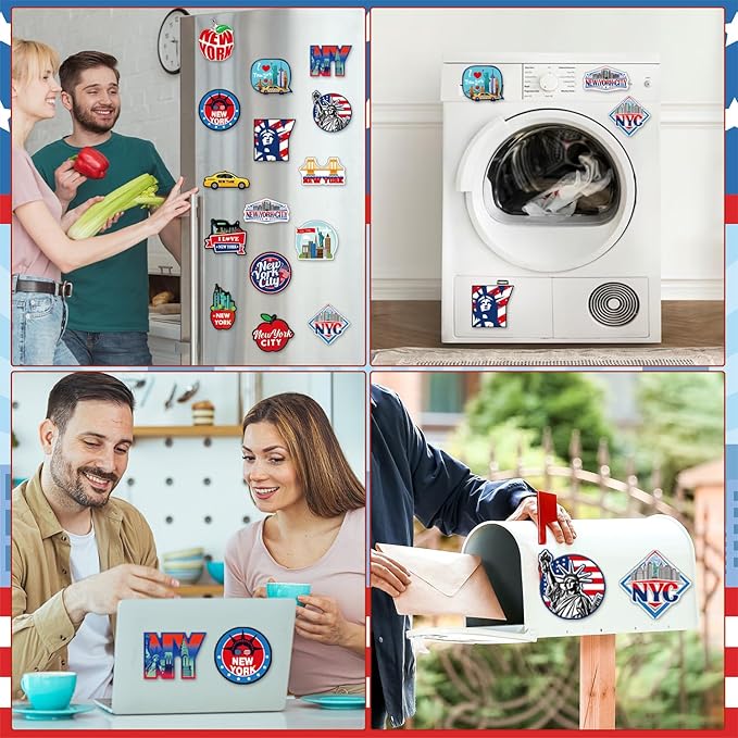 Wxiben New York Refrigerator Magnet - 16Pcs New York Souvenirs Gift NYC Fridge Magnets City Travel USA Flag Fridge Magnetic Stickers for Home Office Kitchen Locker Car Traveler Tourist Gifts