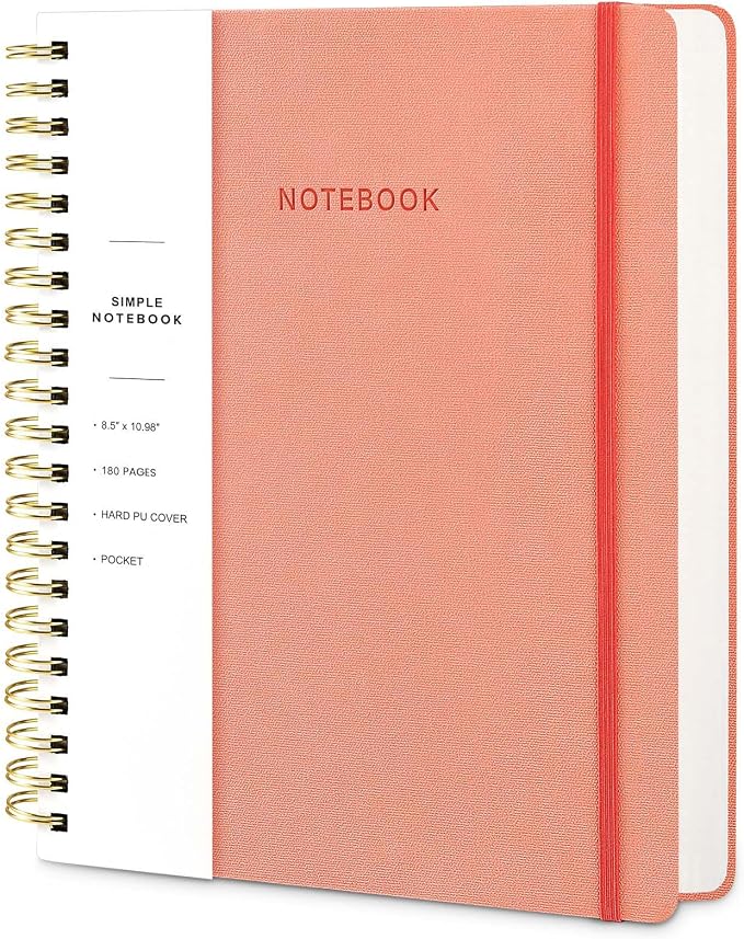 Spiral Notebook - 8.5 x 10.98 Inch Large Hard Cover Notebook with Elastic Band & Pocket, 180 Pages, Lay Flat Wirebound Journal for Work, School, Planning & Note Taking Pink