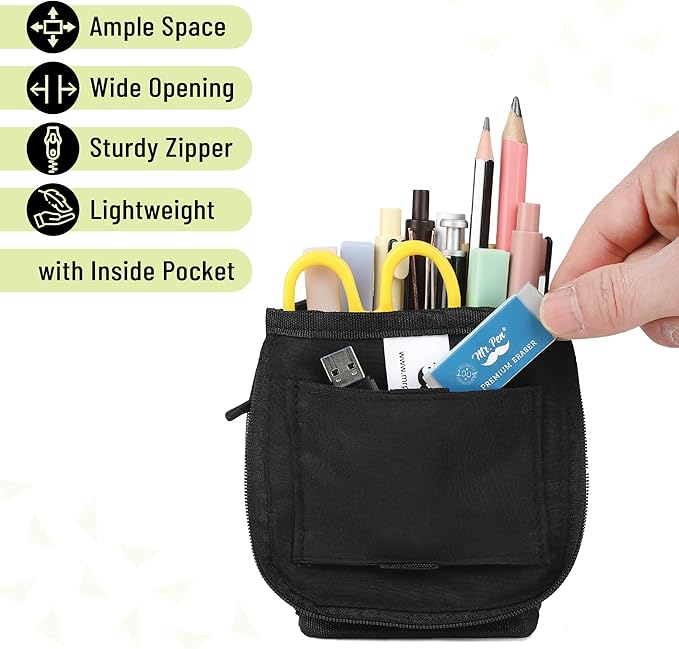 Mr. Pen- Standing Pencil Case Pouch, Sit & Lay Mesh-View Design, Black & Lawn Green, Interior Pocket & 2 Elastic Binder Loops, Cute Pencil Case for Girls and Boys