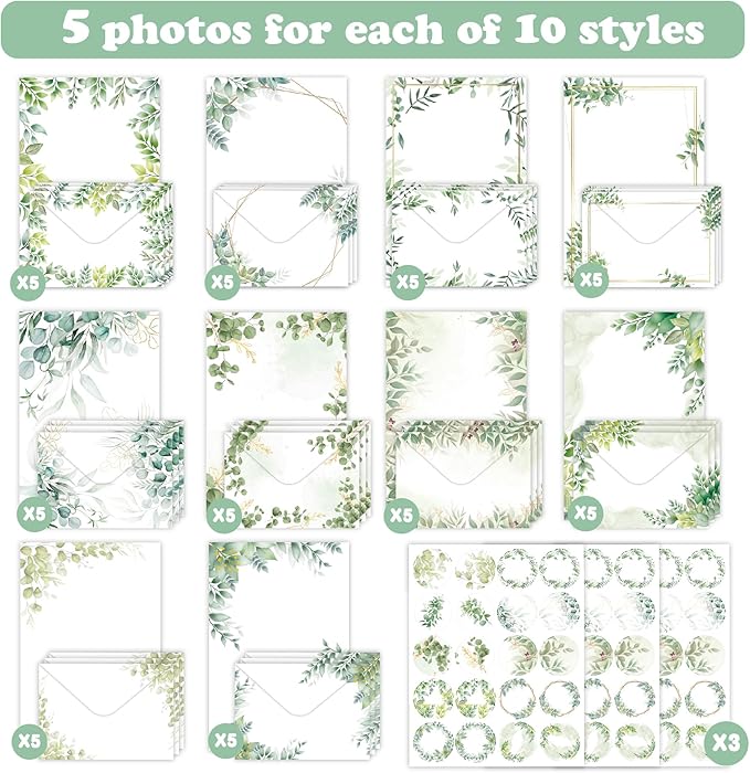 160-Piece Eucalyptus Stationery Envelopes Set – 50 Writing Papers, 50 Envelopes, 60 Sealing Stickers – Greenery Botanical Letter Writing Kit for Invitations, Business, Wedding