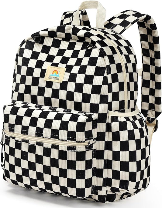 STEAMEDBUN Corduroy Kids Backpack for Girls and Boys 5-8: Boys Backpack for Elementary Kindergarten - 15 inch Cute Backpacks for Kids - Checkered