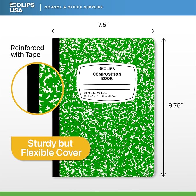 Composition Notebook Wide Ruled Composition Notebooks Bulk Green Marble Hard Cover Wide Ruled Notebook Paper Note Books For Schools Marble Composition Books 100 Sheets 200 Pages 9.75” x 7.25” (6 Pack, Green)