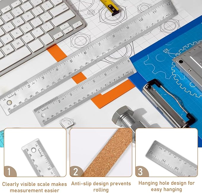Stainless Steel Metal Ruler - 8 Inch & 12 Inch, Non-Slip, Cork Backed, Straight Edge, Inch & Centimeters for Students, School, Office, Drafting Tools