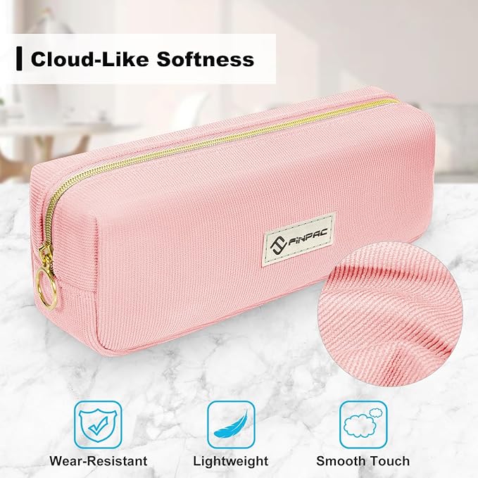 FINPAC Pencil Case, Corduroy Aesthetic Makeup Bag, Cute Kawaii Pen Bag Pouch Holder Box Organize for Study, Office, or Travel (Pink)