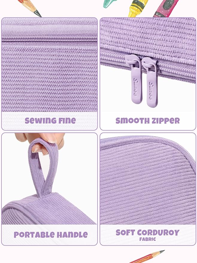 SUNEE Cute Pencil Case, Large Pencil Pouch, Soft Corduroy Fabric Big Pencil Bag with Zipper, Kawaii Pen Bag Stationery Storage and Organizer, School Supplies for Teen, Student, Boys,Girls, Soft Purple