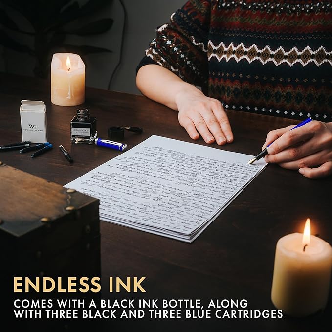 Wordsworth & Black Fountain Pen Set,18K Gilded Medium and Extra Fine Nib,25ML Black Ink Bottle,6 Ink Cartridges,Refill Converter,Gift Box,Smooth Writing Pens [Blue Chrome],Gift Set for Men and Women