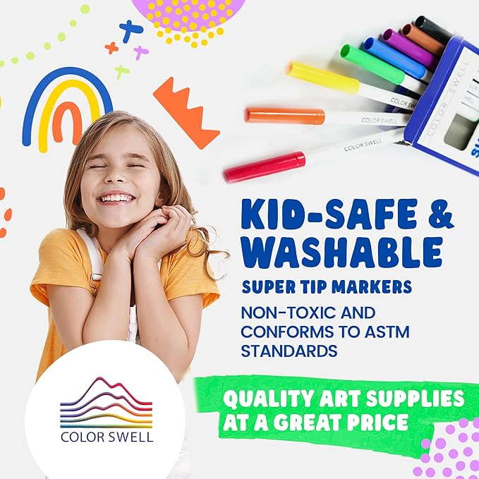 Color Swell Washable Bulk Markers Pack 36 Boxes of 8 Vibrant Colors Each (288 Total Super Tip Markers) for Classrooms, Parties, Donations, Home