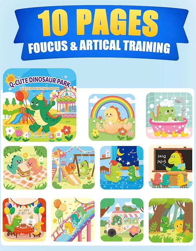 Reusable Water Coloring Books for Toddlers, Clean & Easy Painting & Doodle Book Toys for Kids Ages 1-3, 2-4 | Paint with Water Activity Book, Travel Gift for Boys & Girls-Dinosaur