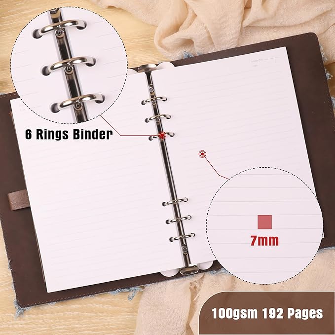 TIEFOSSI Denim Journal for Women Men, Vintage PU Leather Journals, College Ruled Notebook with 6 Ring Binder, Refillable Notebooks with Pockets for School Travel Sketch 7 x 9.2 in