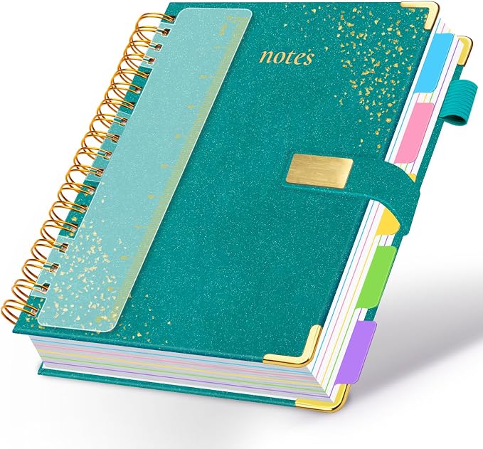 Spiral Notebook Journal 8.5''x 11'' 5 Subject Notebook with Dividers, 300 Pages Notebook College Ruled with Magnetic Closure, A4 Tabbed Notebooks for Work School, Sparkle Journal for Women (Cyan)