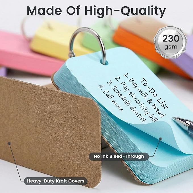 Koogel 300PCS Flash Cards with Key Ring, Colored Index Cards for School, 2.2 x 3.5 Inch, Small Portable Notecard for Studying Nursing Classroom Office Home Note Taking To Do List Essentials, 6 Colors
