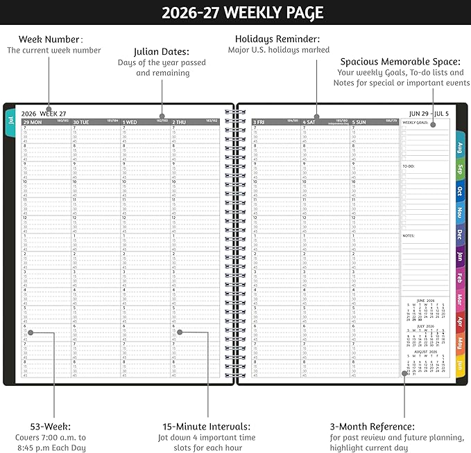 Appointment Book 2026-2027 - Appointment Planner with Weekly ＆ Monthly Spread, Jul 2026 - Jun 2027, 8.5’’ x 10.5’’, Large, 15 Minute Increments, 2026-2027 Daily Planner with Pockets, Tabs, thick paper